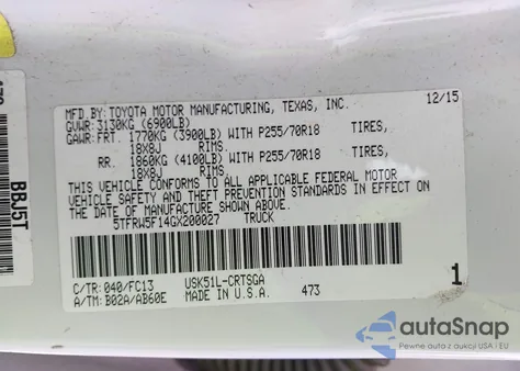 2016 Toyota Tundra Sr5 5.7L V8 from USA, damaged, VIN 5TFRW5F14GX200027